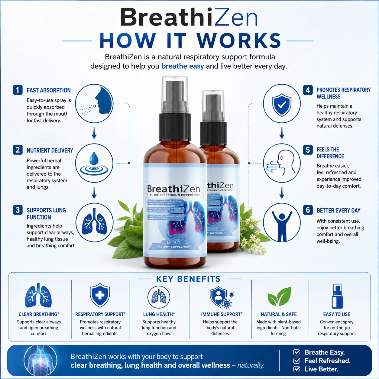 How Breathizen works — fast absorption, nutrient delivery, supports lung function, promotes respiratory wellness, feels the difference, better every day
