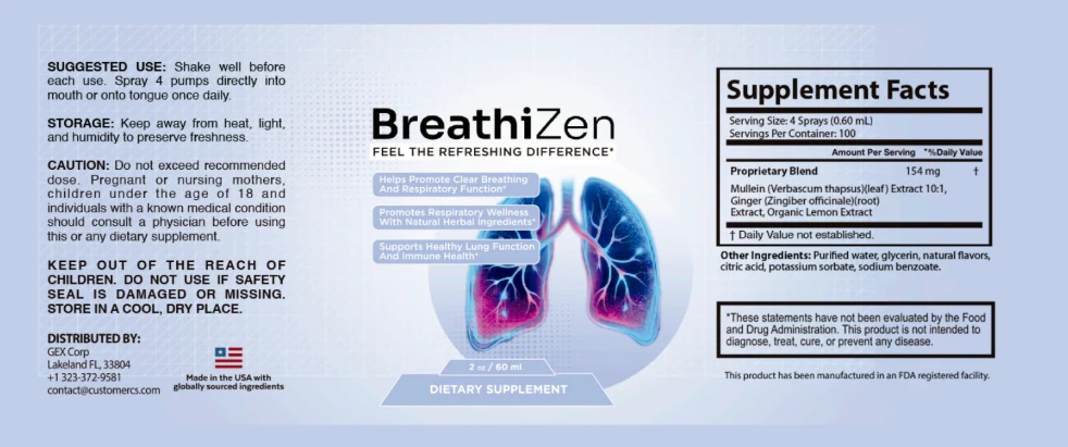 Breathizen Supplement Facts — Mullein Leaf Extract, Ginger Root Extract, Organic Lemon Extract proprietary blend 154 mg